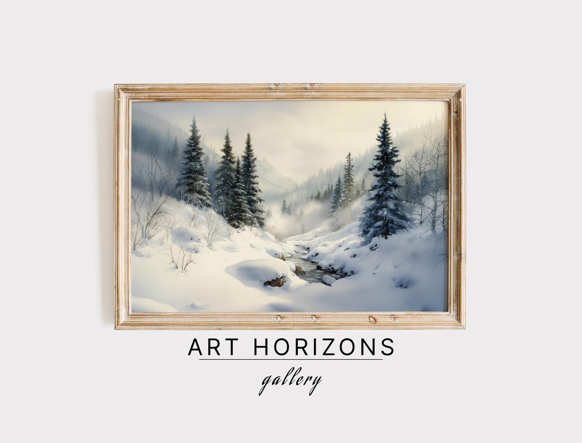 Snowy Winter Stream Misty Pine Forest Mountains Watercolor Poster