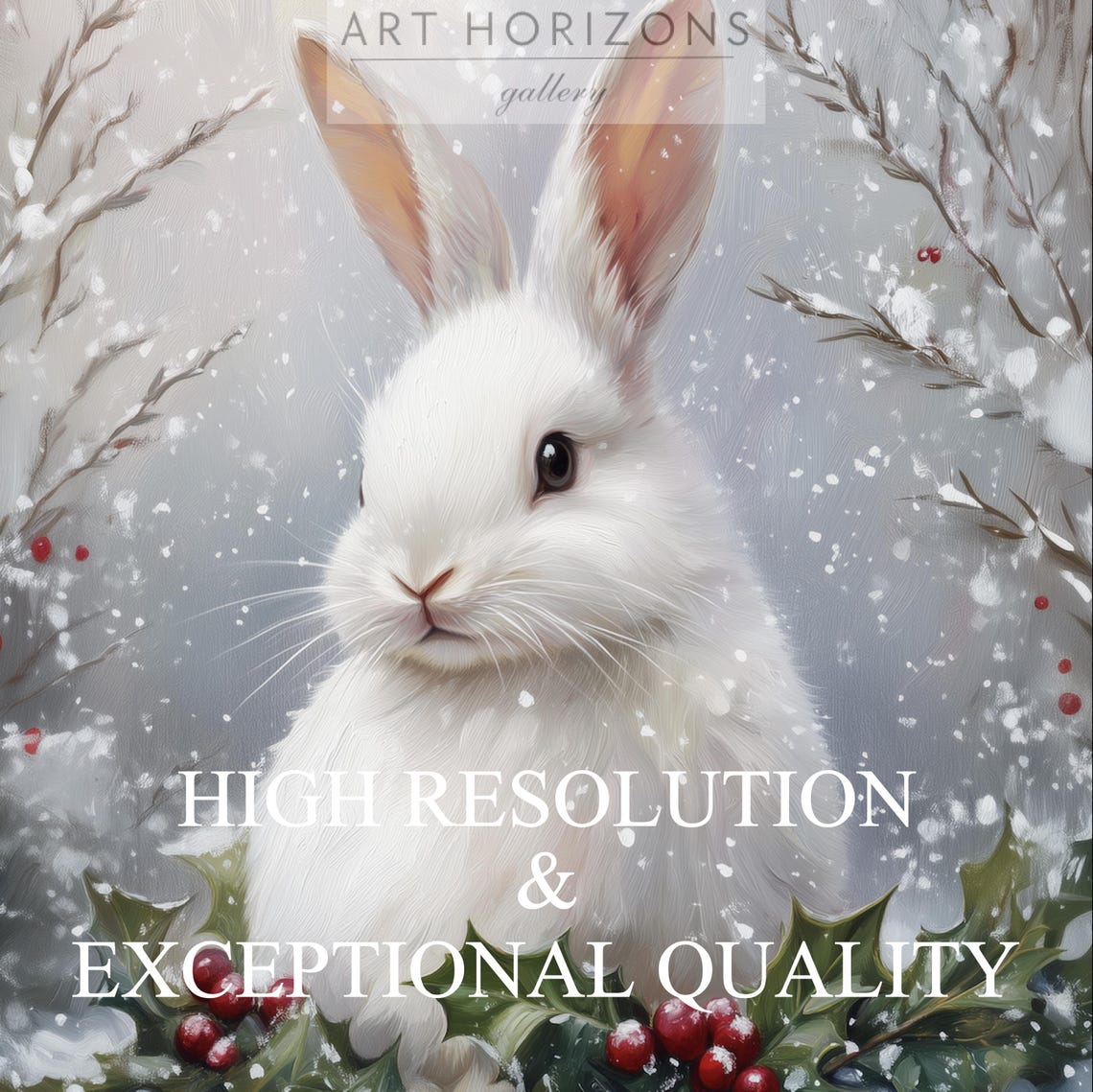 White Rabbit Snow Holly Red Berries Cozy Winter Animal Wall Art Print - Image 3