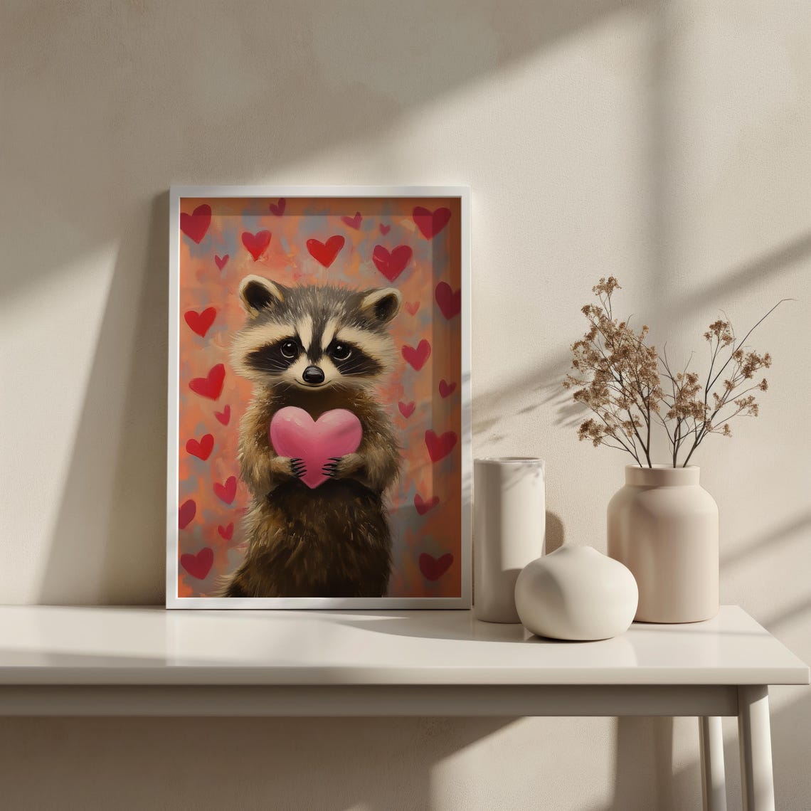 Romantic Gift For Her Raccoon Heart Oil Painting Valentines Wall Art Pink Day Decor Cute Animal Gifts Love Day Art A315 - Image 2