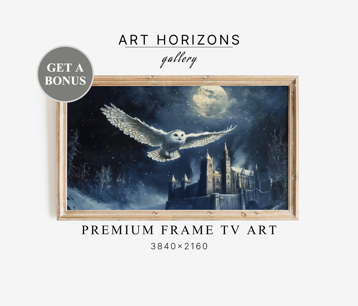 White Owl Flying Moonlit Castle Night Sky Magical Frame TV Art Print