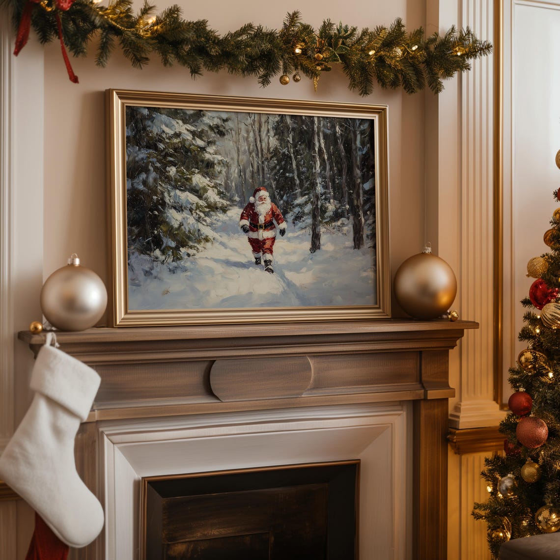Santa Claus Print Vintage Christmas Wall Art Christmas Oil Painting Holiday Christmas Snowy Forest Painting Art A6 - Image 2