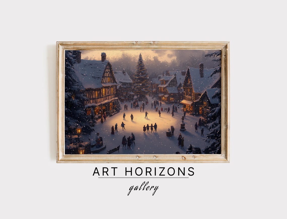Snowy Christmas Village Square Night Tree Skaters Vintage Wall Art