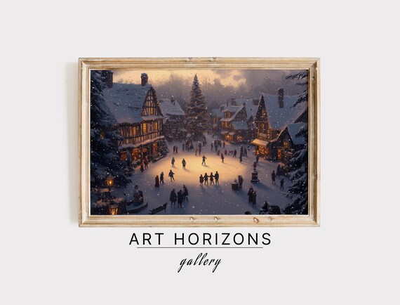 Vintage Christmas Village Print Christmas Tree Painting Moody Winter Wall Art Farmhouse Christmas Decor A34