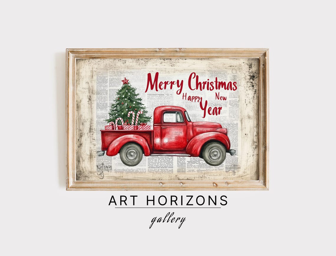 Merry Christmas Vintage Red Truck Tree Newspaper Background Print