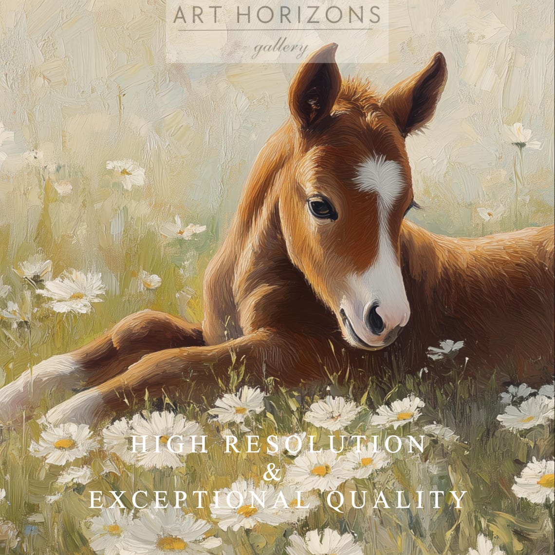 Baby Foal Lying Daisy Field Sweet Horse Painting Spring Farm Poster - Image 4