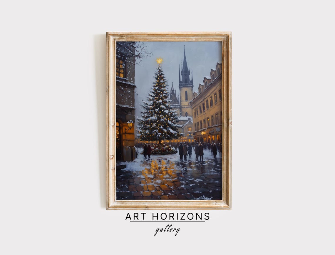 Old European Town Square Christmas Tree Snow Evening Travel Poster