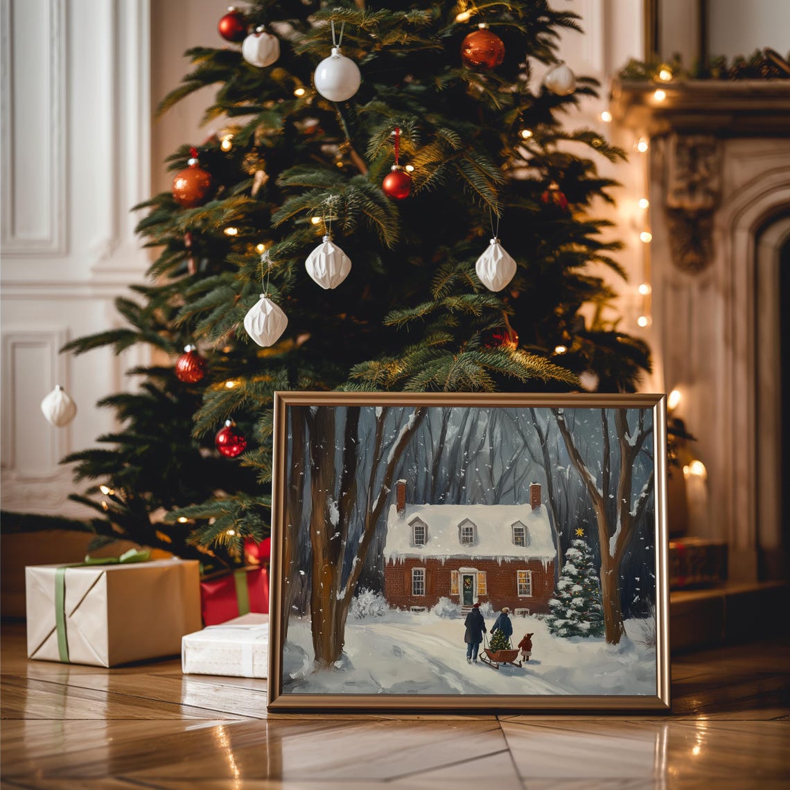 Snowy Brick Colonial House In Woods Christmas Tree Dusk Poster - Image 3