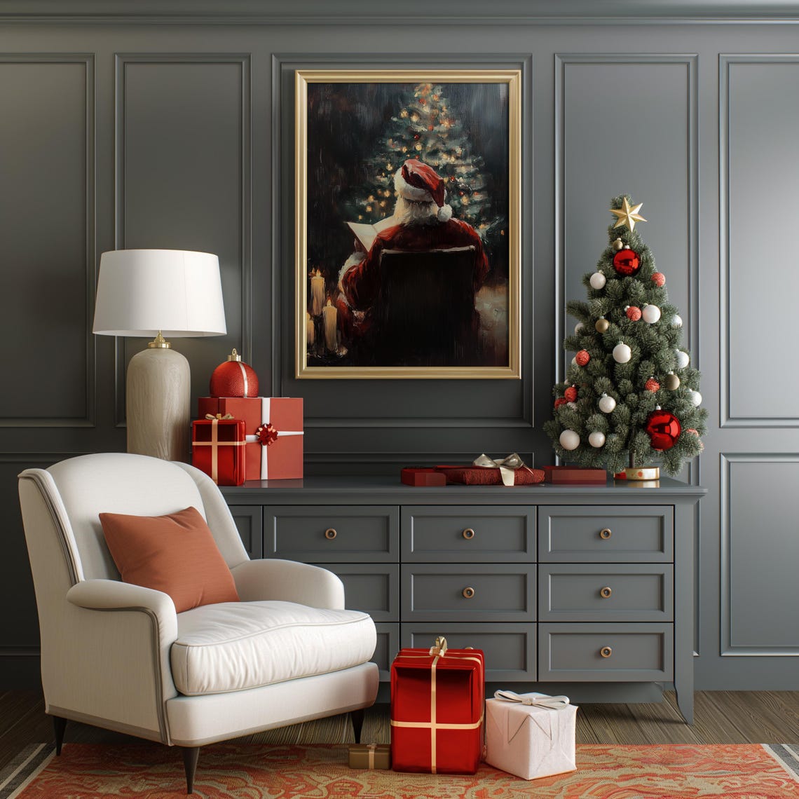 Santa Reading Book Candlelight Christmas Tree Moody Vintage Wall Art - Image 2