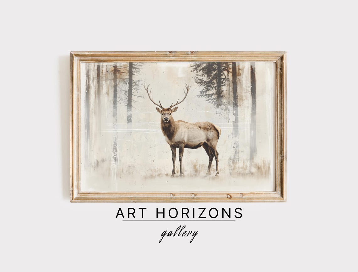 Majestic Stag In Misty Neutral Forest Vintage Wildlife Art Poster
