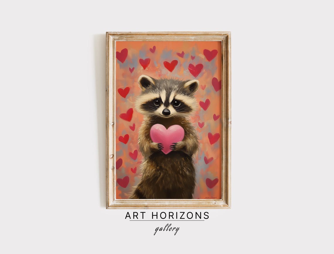 Romantic Gift For Her Raccoon Heart Oil Painting Valentines Wall Art Pink Day Decor Cute Animal Gifts Love Day Art A315