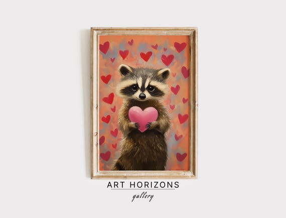 Romantic Gift For Her Raccoon Heart Oil Painting Valentines Wall Art Pink Day Decor Cute Animal Gifts Love Day Art A315