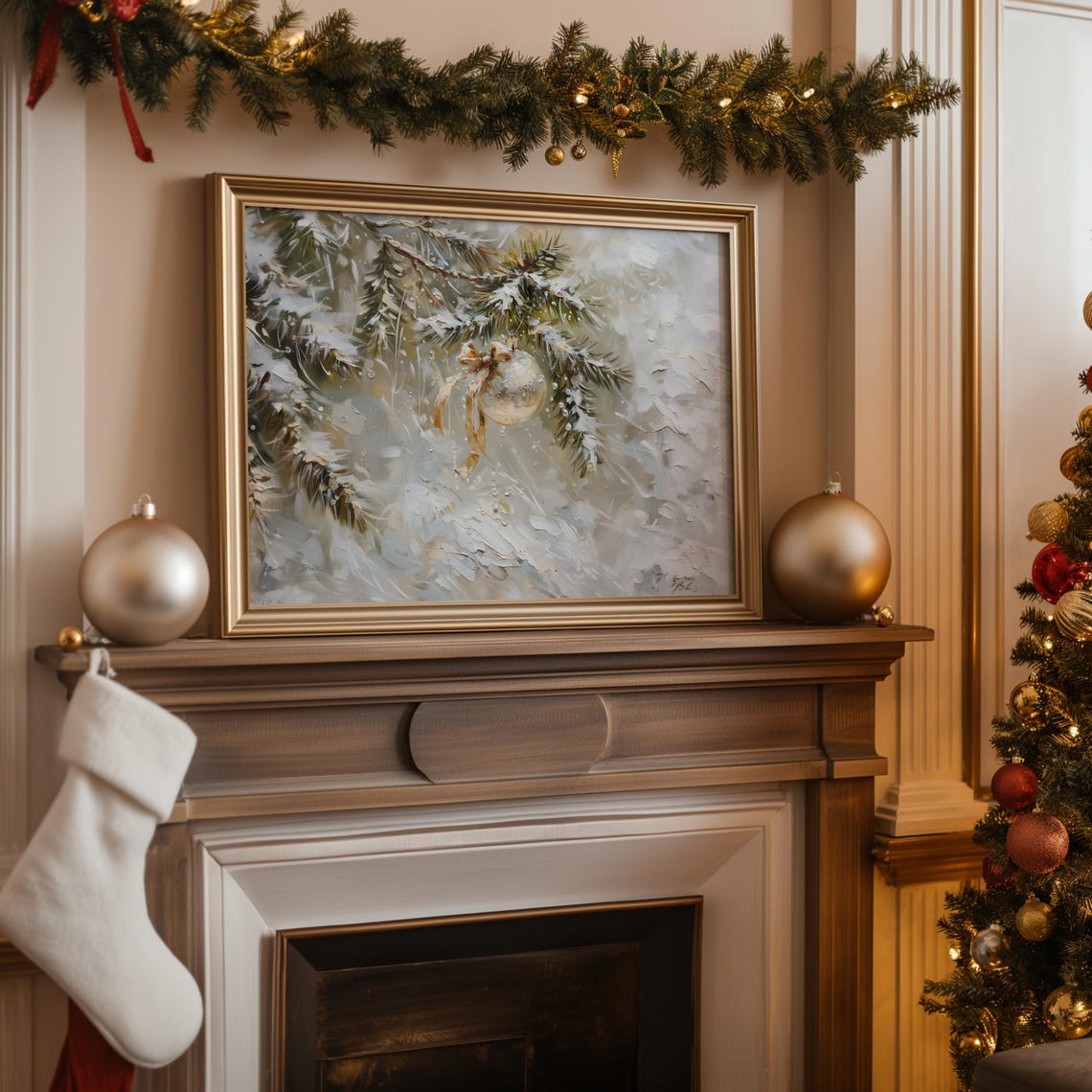 Clear Bauble Ornament Hanging on Snowy Pine Branch Art Print - Image 2