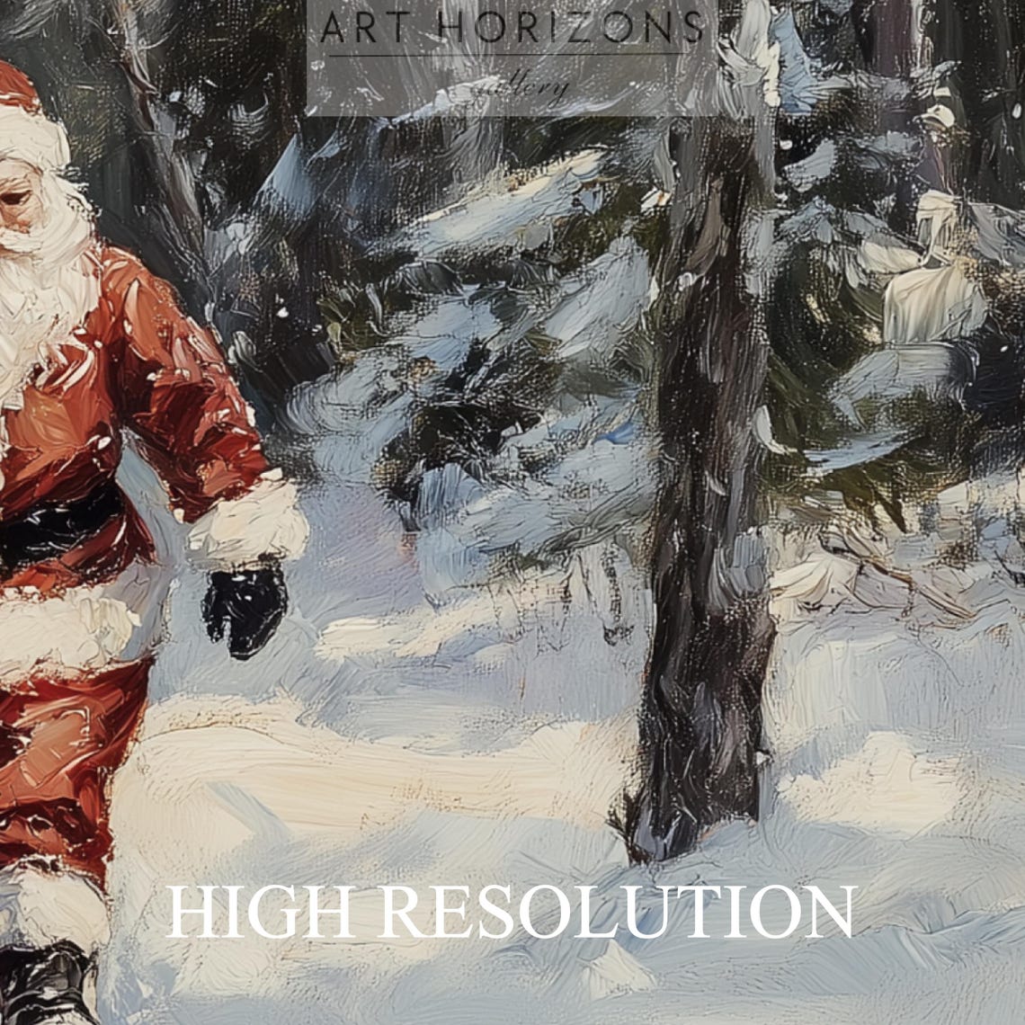 Santa Claus Walking Snowy Forest Path Pine Trees Vintage Christmas Art - Image 3