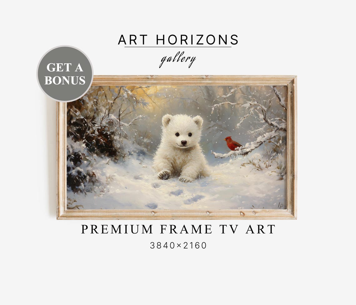 Cute White Bear Cub In Snowy Forest With Red Cardinal Bird Art Print