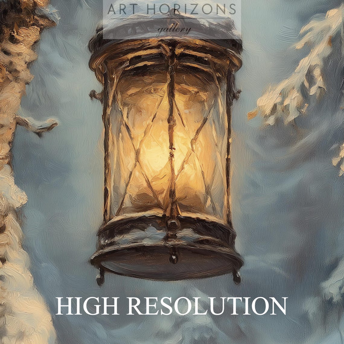 Glowing Lantern Hanging from Snowy Tree Branch Dark Forest Art Print - Image 4