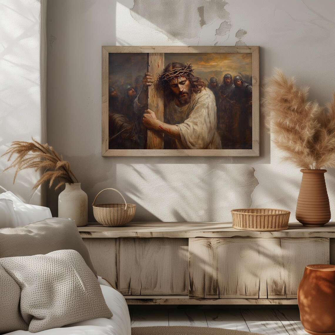 Jesus Christ Carrying Cross Calvary Crown Thorns Easter Christian Art Poster - Image 2