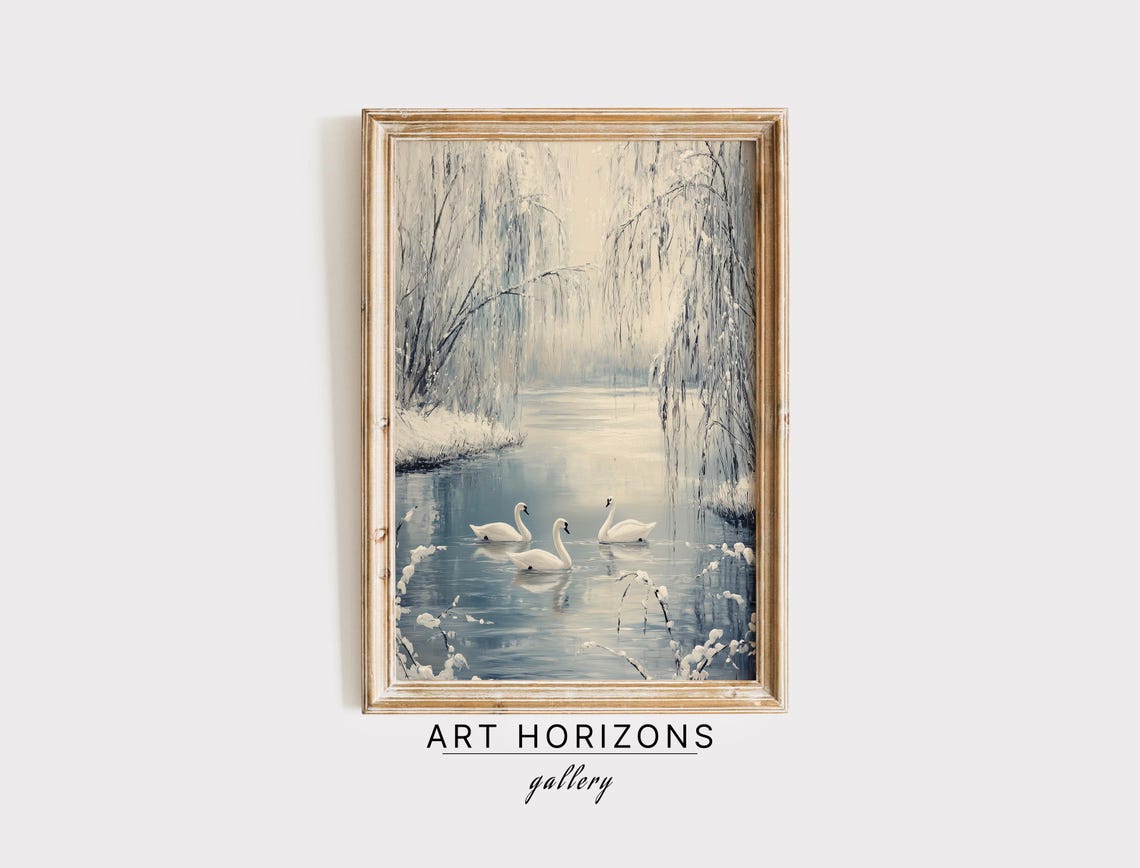 White Swans Icy River Snowy Weeping Willows Serene Winter Art Poster