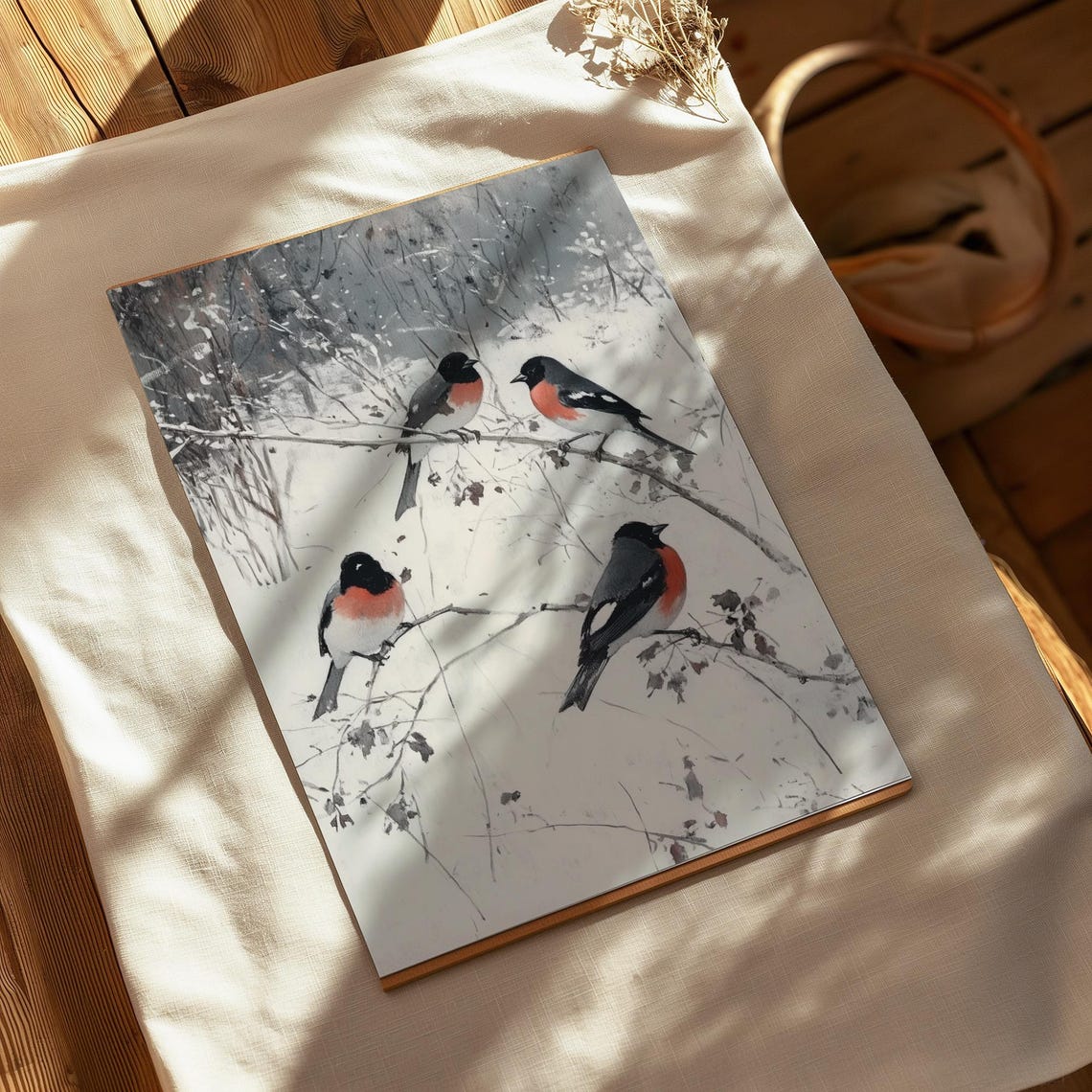 Four Bullfinches On Snowy Branches Winter Bird Oil Painting Poster - Image 4