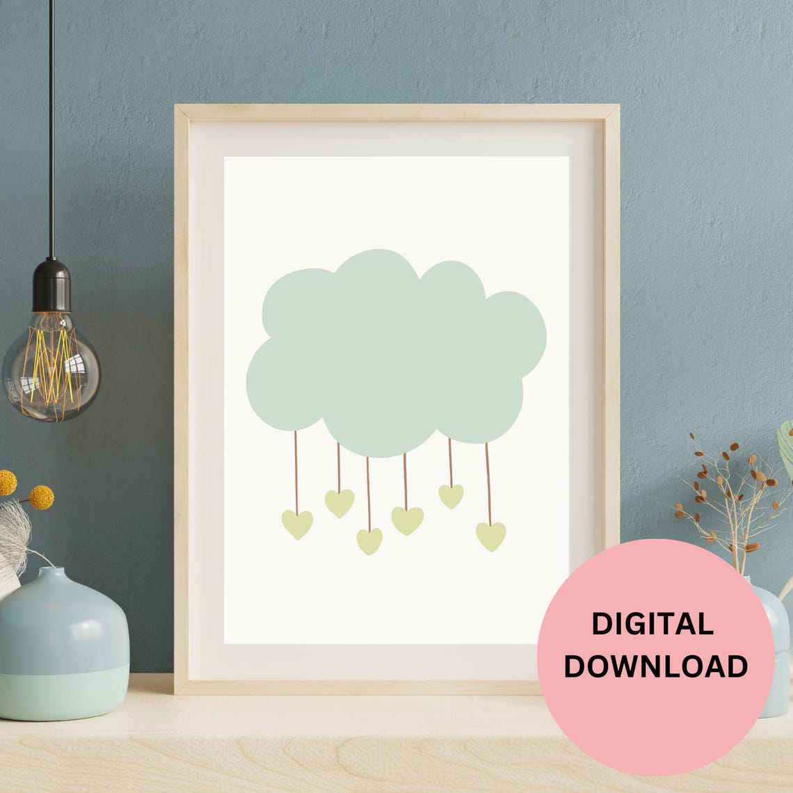 Sage Green Cloud With Hanging Hearts Minimalist Nursery Art Print - Image 3