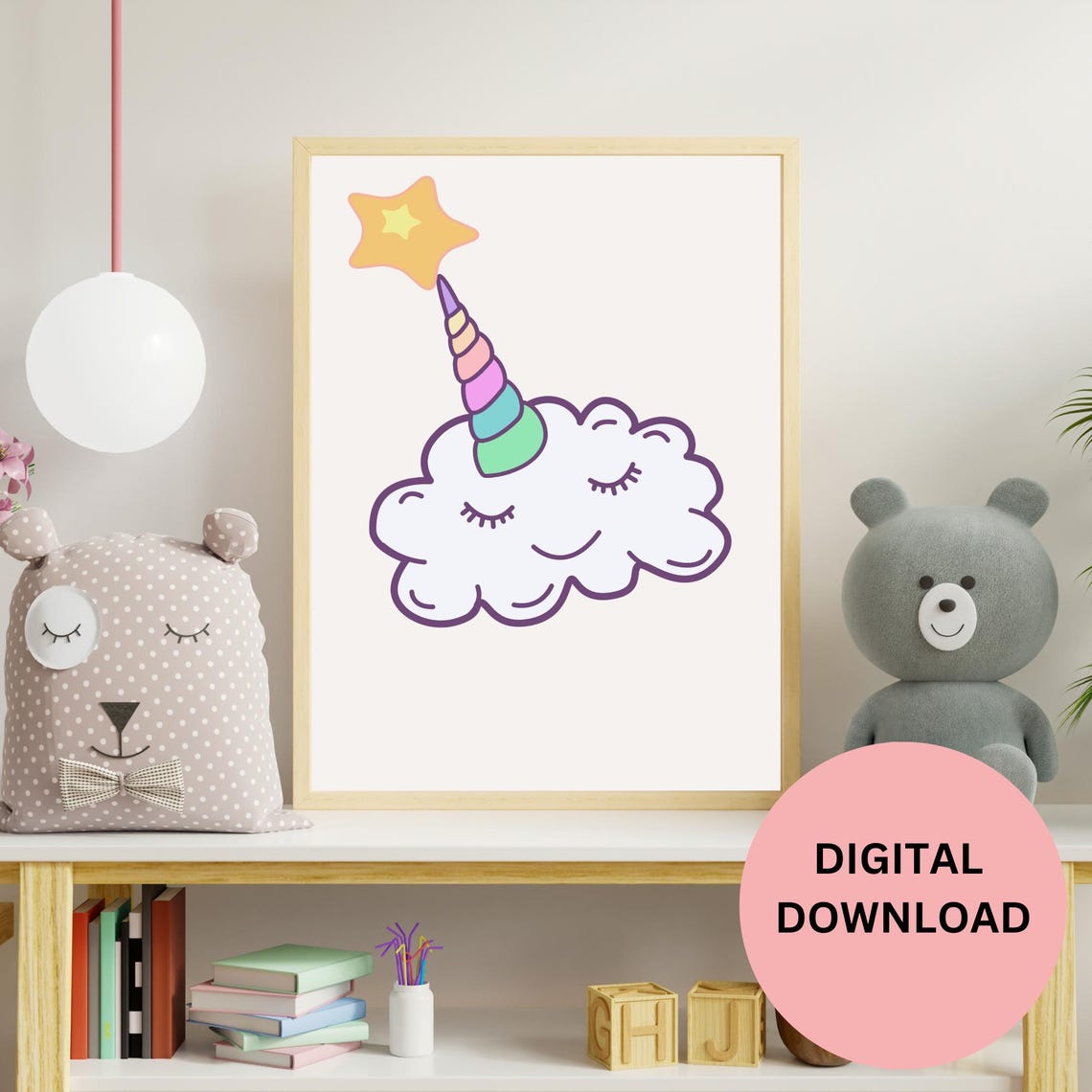 Kawaii Unicorn Cloud With Rainbow Horn and Star Cute Kids Art Print - Image 2