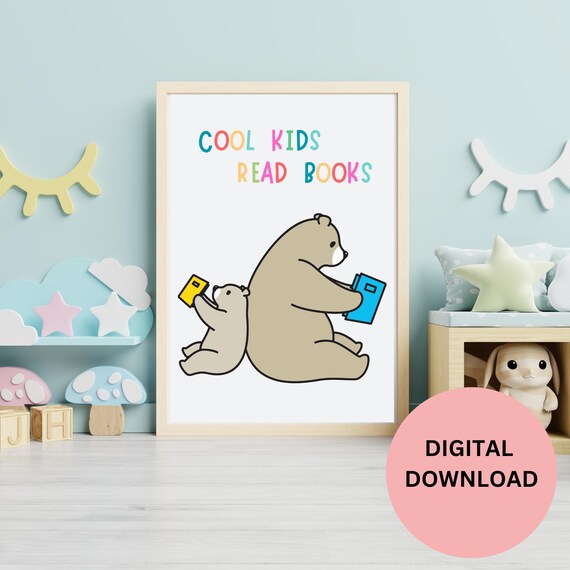 Cool Kids Read Books Bear and Cub Reading Quote Classroom Art Print