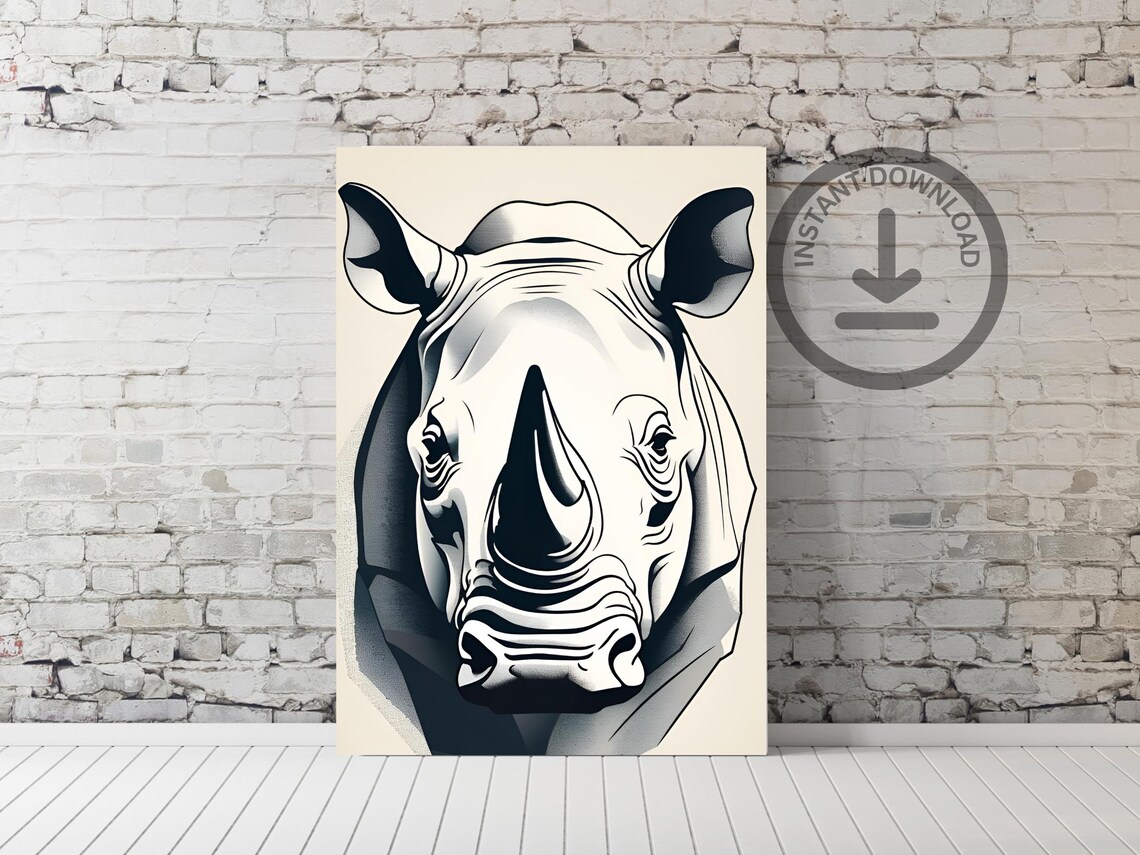 Rhino Portrait Minimalist Black Ink Safari Wildlife Face Art Poster - Image 3