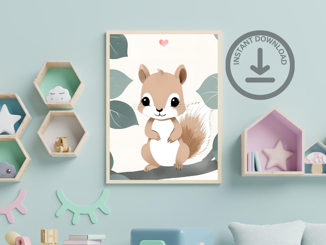 Baby Squirrel Watercolor Portrait Cute Woodland Nursery Art Poster - Image 3