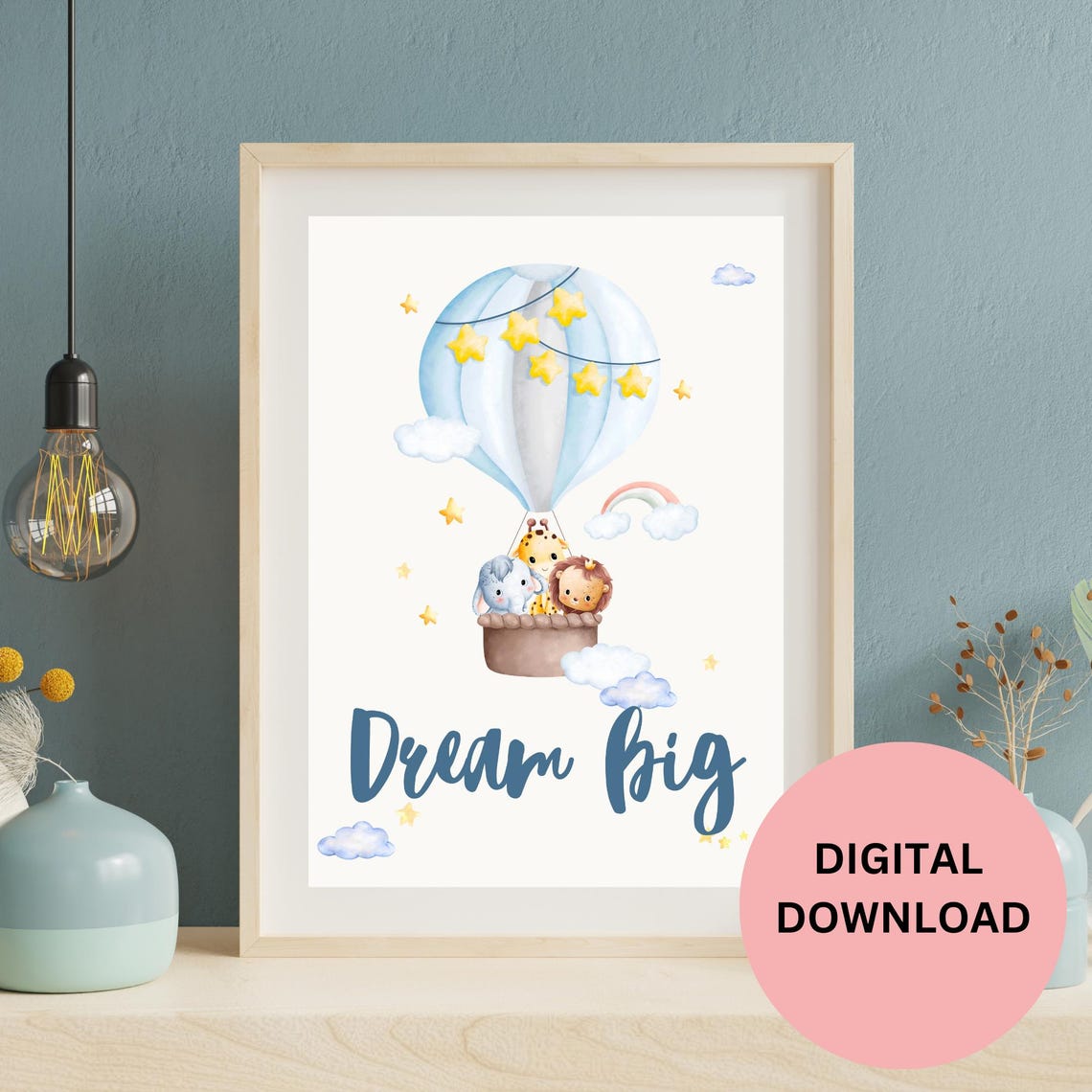 Dream Big Hot Air Balloon Animals Elephant Giraffe Lion Art Print - Image 2