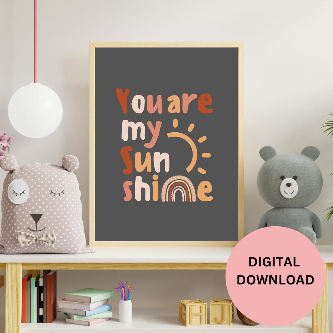 You Are My Sunshine Dark Charcoal Quote Sun Rainbow Wall Art - Image 2