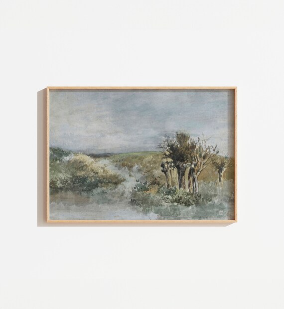 Vintage Blue Watercolor Tree Landscape Art Print