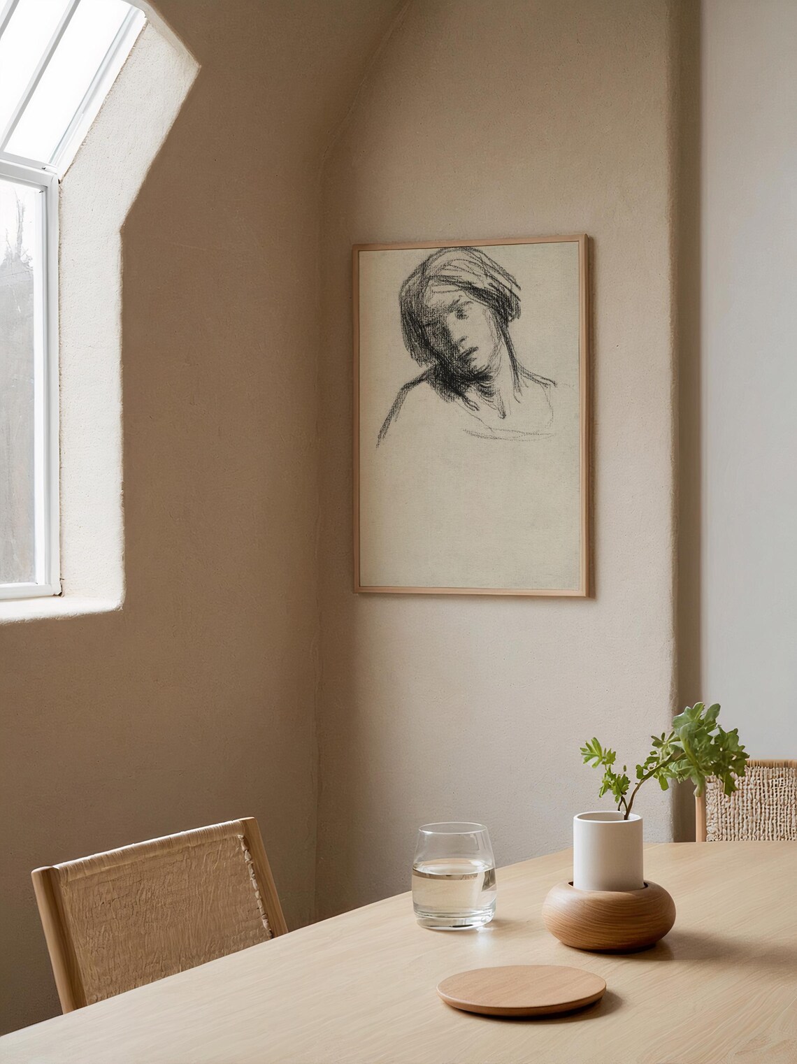 Vintage Black White Sketch Woman Head Drawing Antique Portrait Wall Art - Image 4