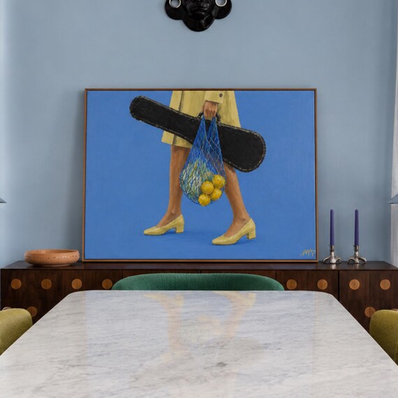 Lemon Walk Woman with Guitar Case and Lemon Bag Oil Painting Poster