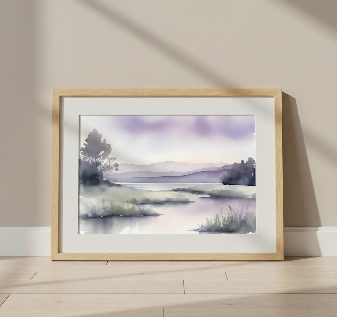 Lilac Misty Lake Distant Hills Trees Watercolor Lavender Calm Poster