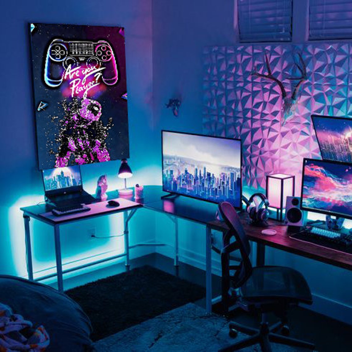 Are You Player Neon Game Controller Galaxy Astronaut Gaming Poster - Image 2