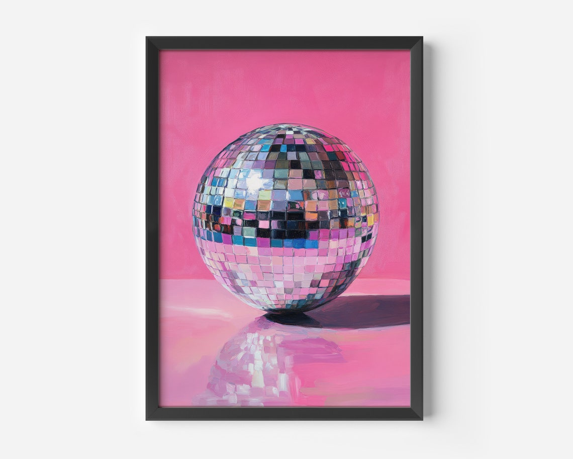 Hot Pink Disco Ball Poster with Mirror Tiles Pop Art Painting