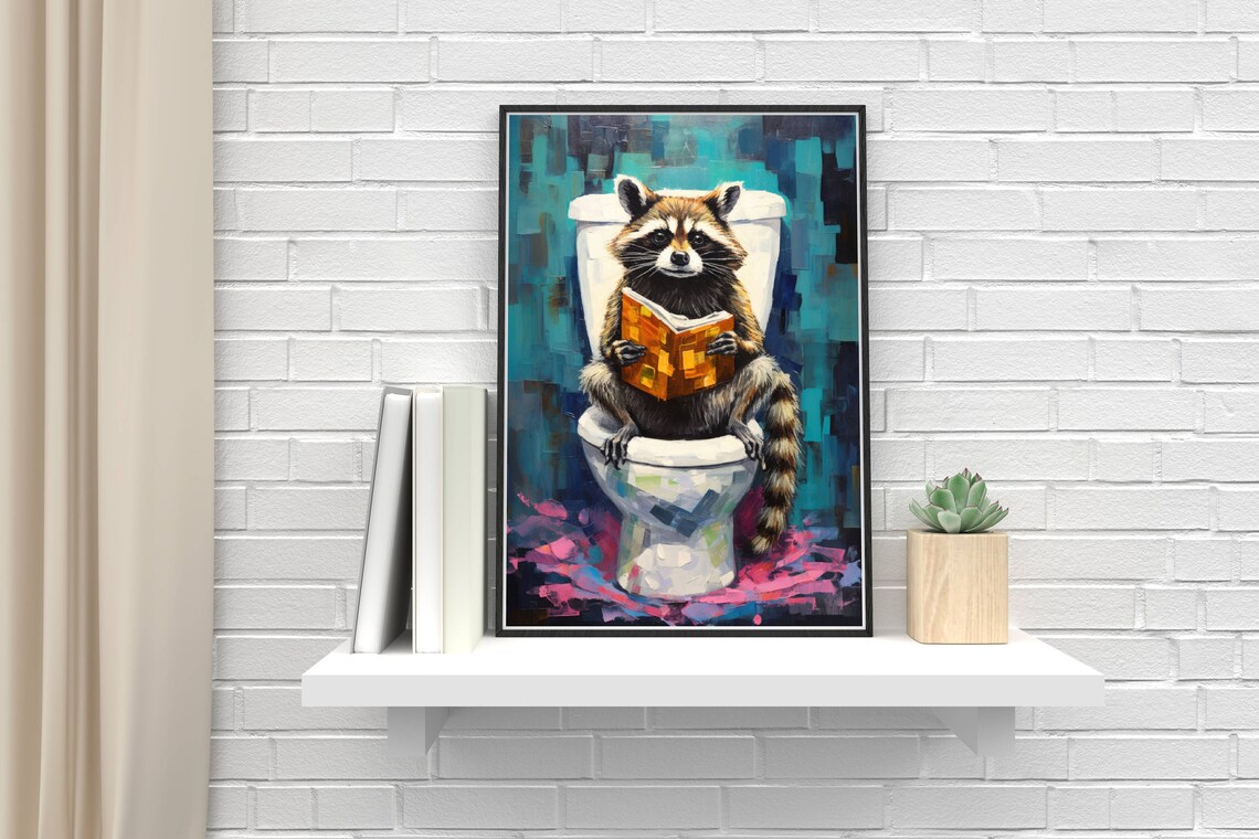 Raccoon on the Toilet Funny Bathroom Poster