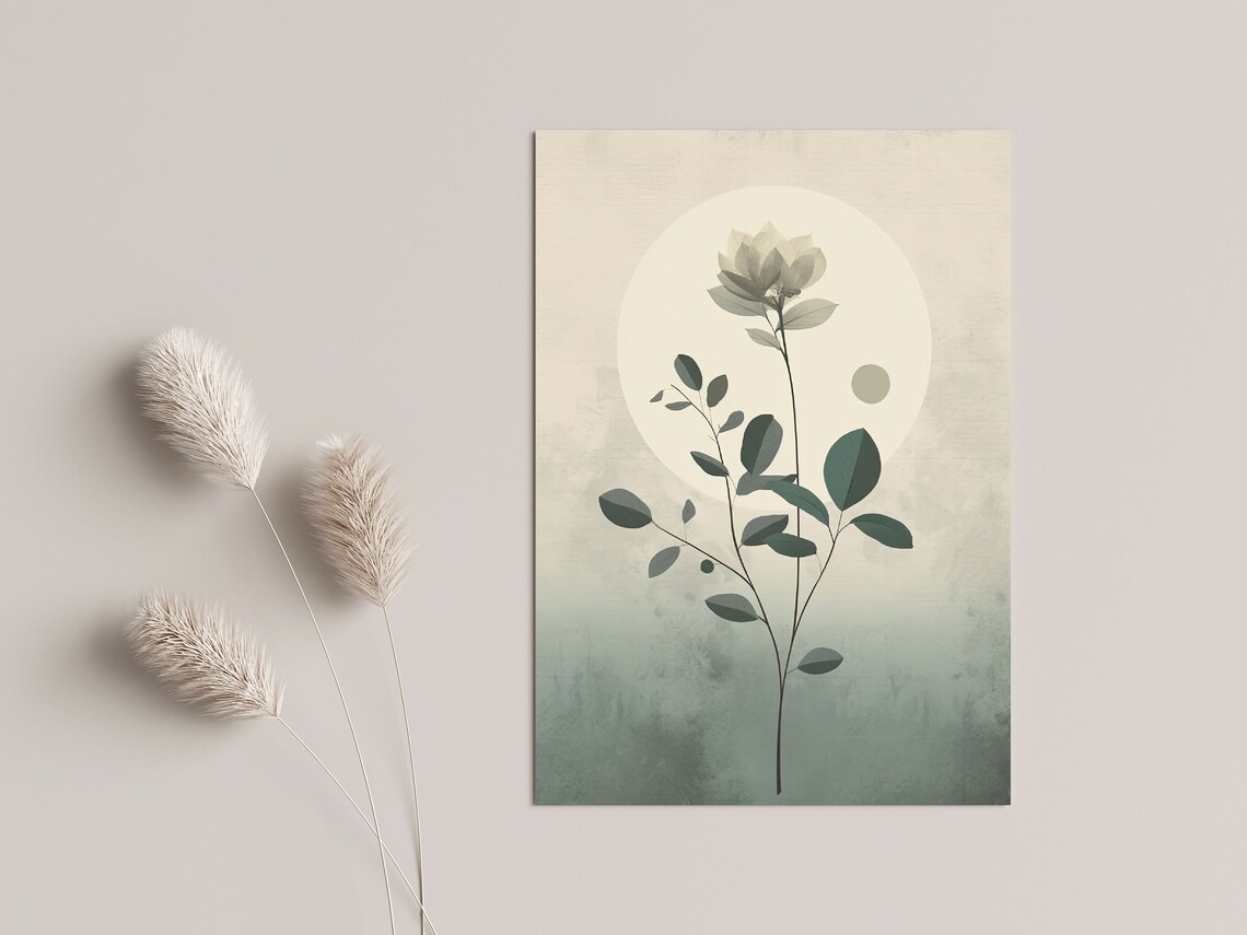 Botanical Scandinavian Floral Art Print, Minimalist Green