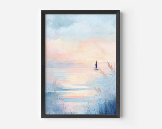 Pastel Sailboat Watercolor Sea Sunrise Calm Ocean Boho Wall Poster
