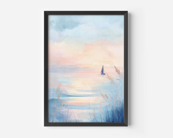 Watercolor Landscape Poster Hallway Boho Sailboat Illustration Art Print Soft Pastel Sea Maritime Pictures Living Room Wall Decor