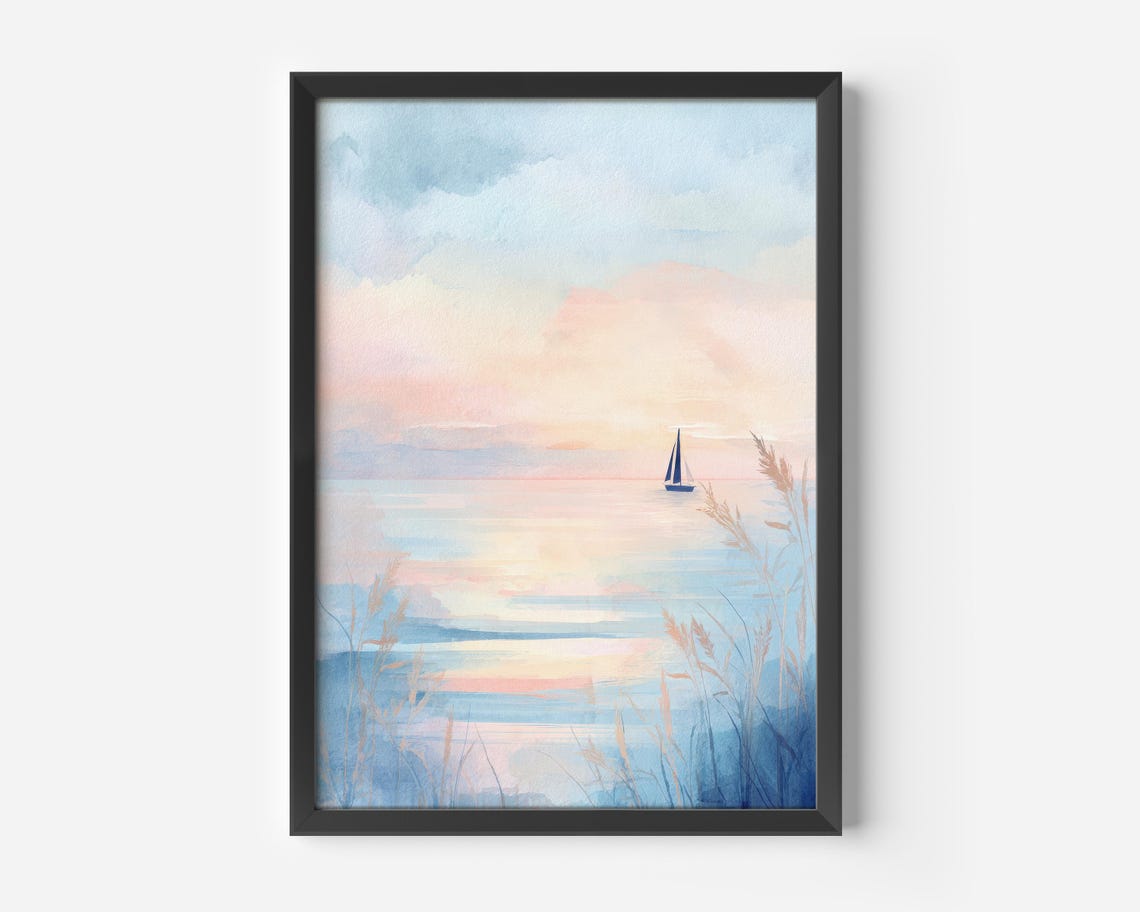 Pastel Sailboat Watercolor Sea Sunrise Calm Ocean Boho Wall Poster