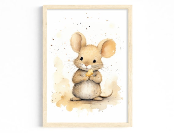 Cute Nursery Wall Decoration Watercolor Animal Mouse Soft Colors Illustration Baby Room Poster Girls Boys