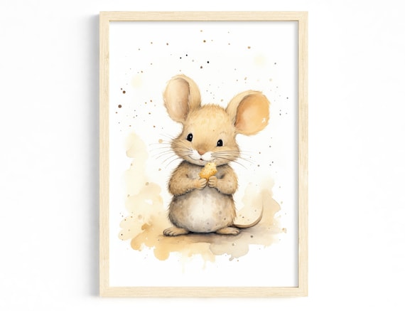 Cute Watercolor Mouse with Cheese Poster Soft Nursery Baby Room Art