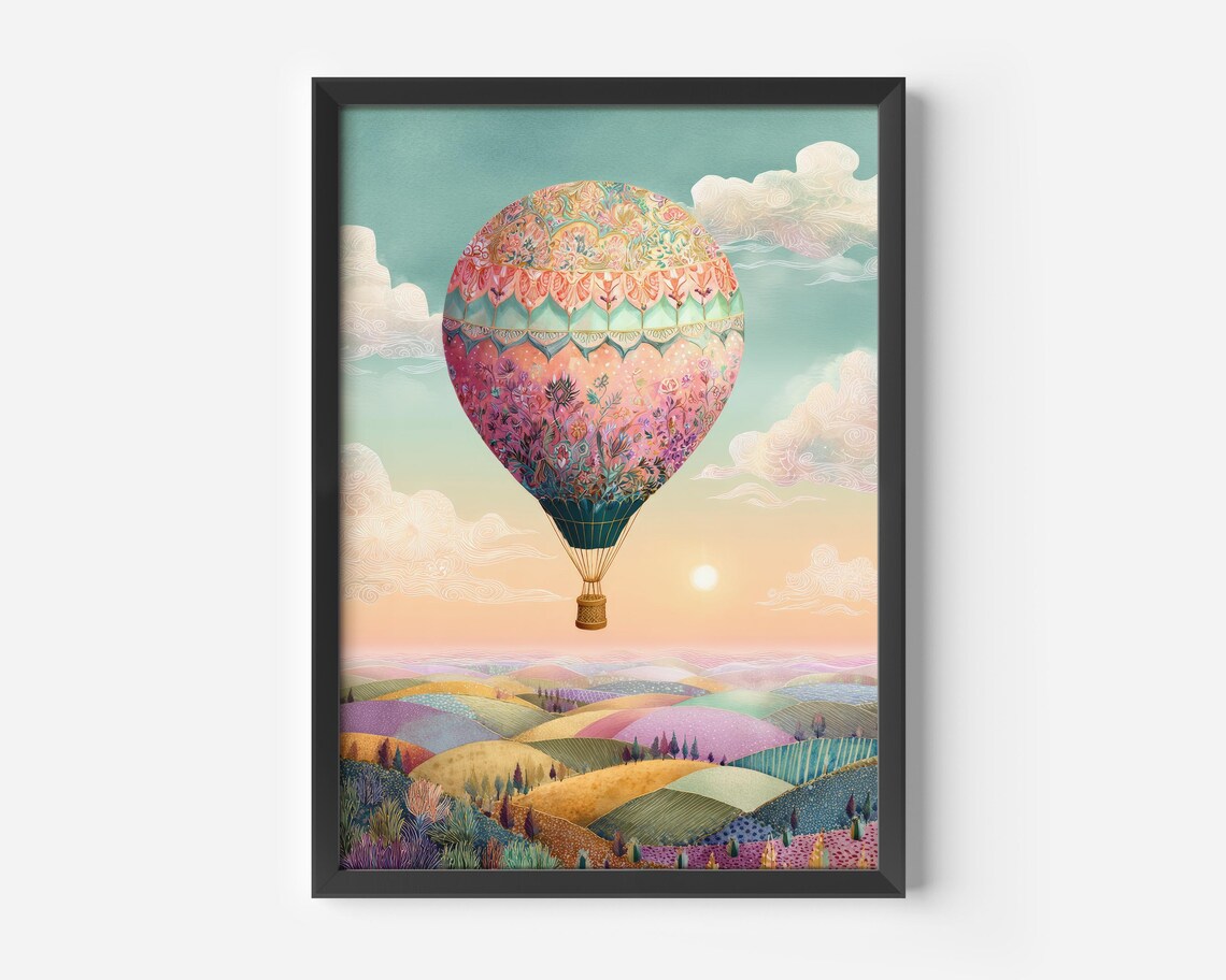 Vintage Hot Air Balloon Scandinavian Landscape Art Print