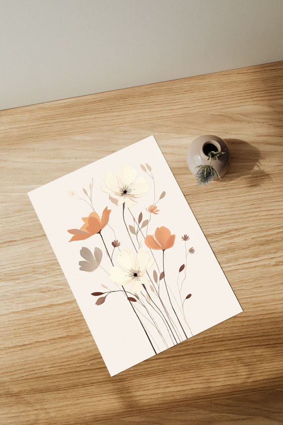 Living Room Boho Art Floral Prints Modern Beige Orange Flowers Illustration Nature Scandinavian Decor Bedroom Dining