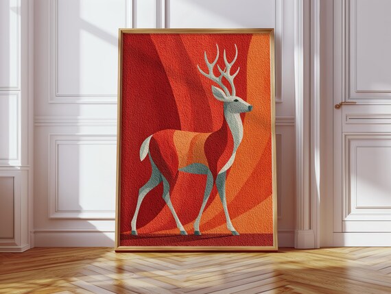 Living Room Decoration Red Modern Deer Poster Art Orange Geometric Animal Illustration Scandinavian Wall Office Hallway