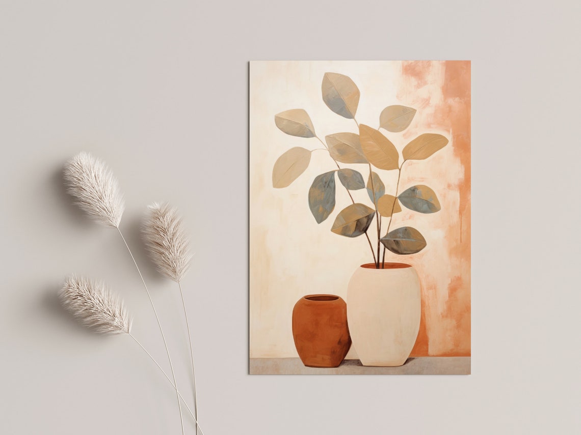 Stunning Boho Terracotta Vase Leaves Botanical Minimalist Art Poster