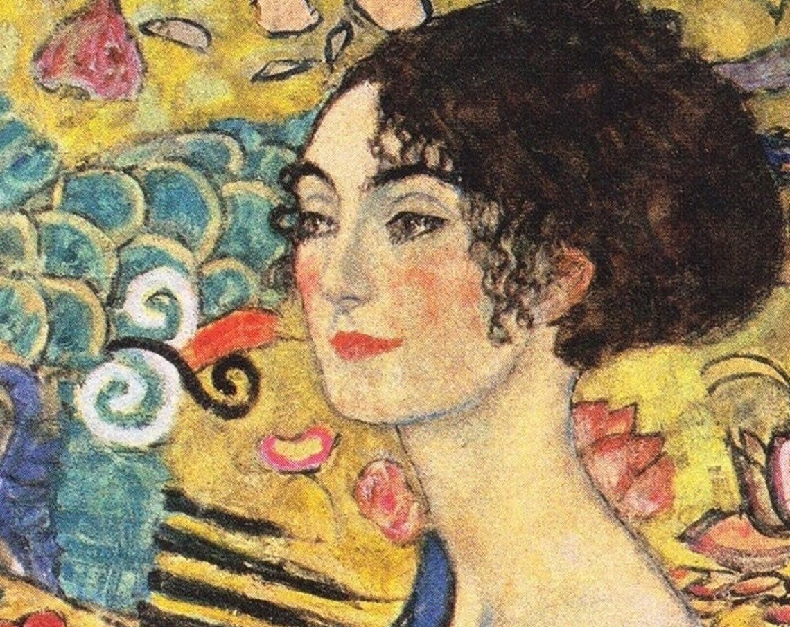 Gustav Klimt Woman With Fan 1917 Classic Painting Photo Poster Print Art Gift Woman Girl Colourful Flowers Woman Closexp