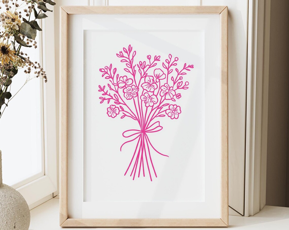 Pink Flower Bouquet Line Drawing Minimalist Floral Art Poster