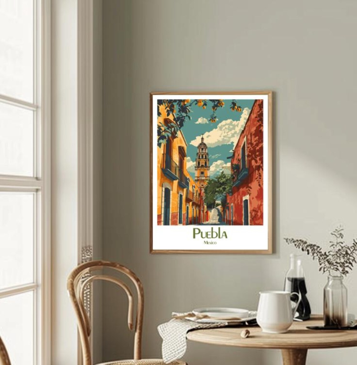 Puebla Mexico Colonial Street Church Tower Retro Travel Poster - Image 2