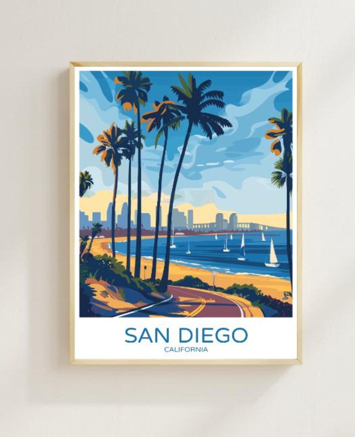 San Diego California Palm Beach Sailboats Vintage Travel Poster